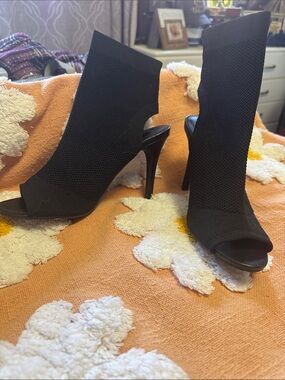 Brash Black Stretch-Knit Peep Toe Stiletto Booties